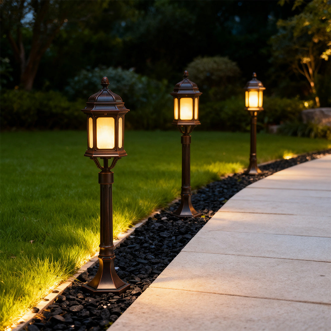 Classic Retro Path Post Light Aluminum Coffee Finish Glass E26 9W 3000K IP44 Hardwired Outdoor Pathway Courtyard Walkway