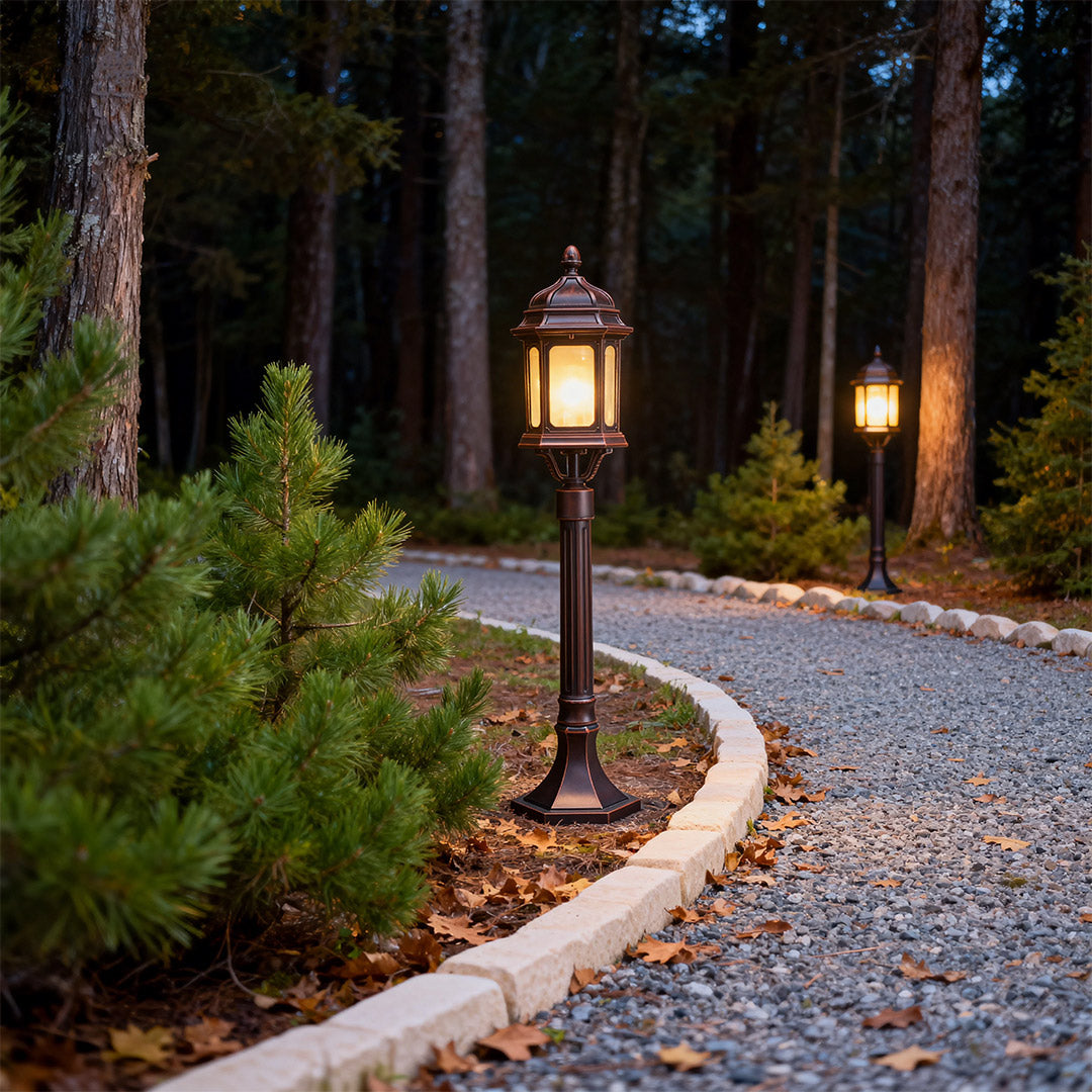 Classic Retro Path Post Light Aluminum Coffee Finish Glass E26 9W 3000K IP44 Hardwired Outdoor Pathway Courtyard Walkway