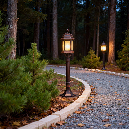 Classic Retro Path Post Light Aluminum Coffee Finish Glass E26 9W 3000K IP44 Hardwired Outdoor Pathway Courtyard Walkway