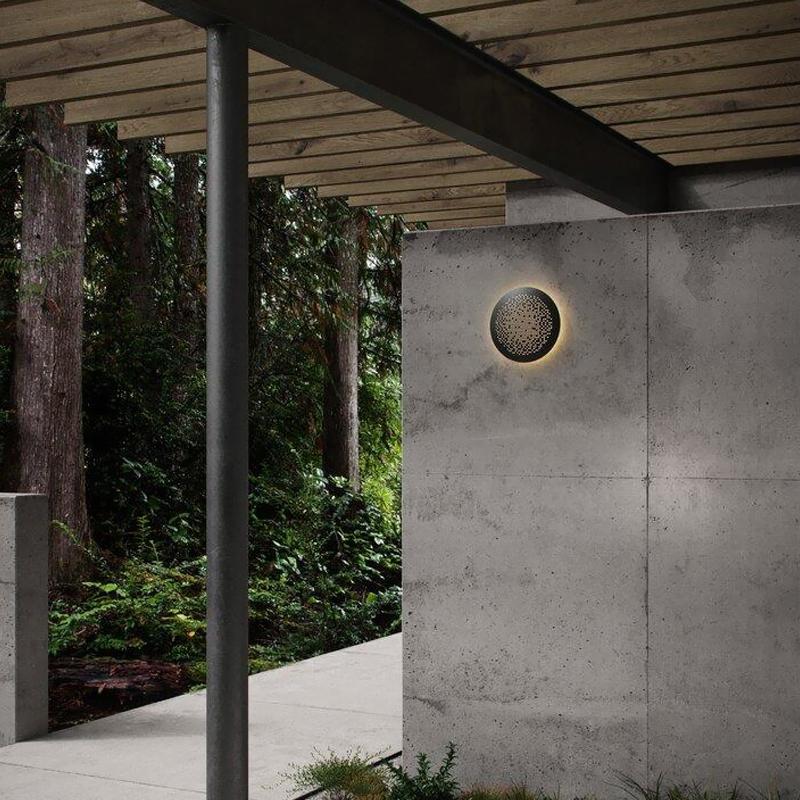 Perforated Metal Disc Outdoor Wall Sconce Black Stainless Steel Acrylic IP54 3200K 2 Sizes Courtyard Entrance Villa