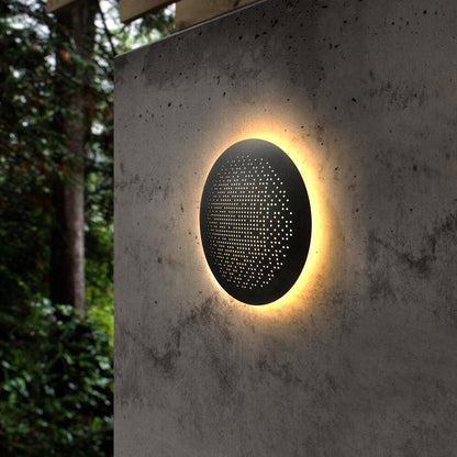 Perforated Metal Disc Outdoor Wall Sconce Black Stainless Steel Acrylic IP54 3200K 2 Sizes Courtyard Entrance Villa