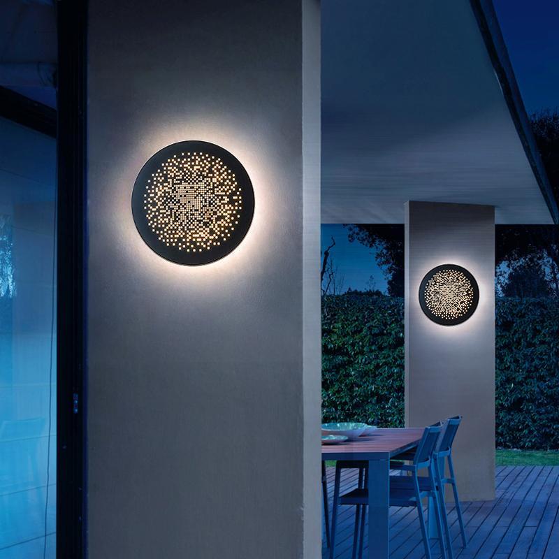 Perforated Metal Disc Outdoor Wall Sconce Black Stainless Steel Acrylic IP54 3200K 2 Sizes Courtyard Entrance Villa