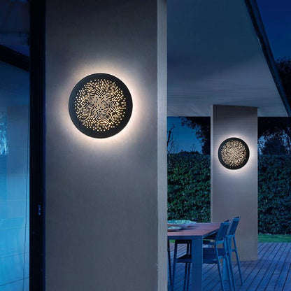 Perforated Metal Disc Outdoor Wall Sconce Black Stainless Steel Acrylic IP54 3200K 2 Sizes Courtyard Entrance Villa