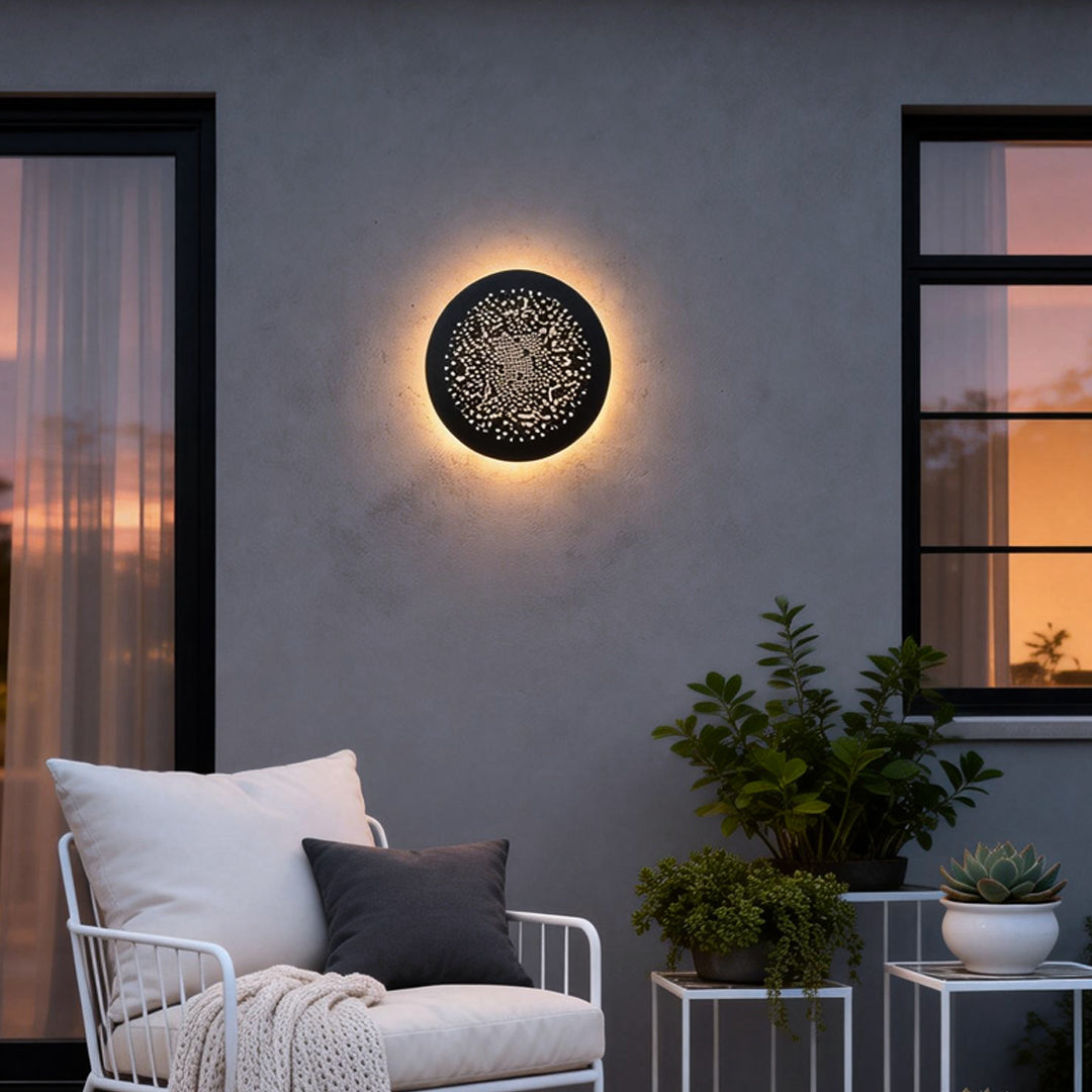 Perforated Metal Disc Outdoor Wall Sconce Black Stainless Steel Acrylic IP54 3200K 2 Sizes Courtyard Entrance Villa