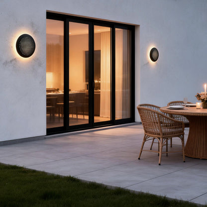 Perforated Metal Disc Outdoor Wall Sconce Black Stainless Steel Acrylic IP54 3200K 2 Sizes Courtyard Entrance Villa