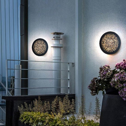 Perforated Metal Disc Outdoor Wall Sconce Black Stainless Steel Acrylic IP54 3200K 2 Sizes Courtyard Entrance Villa