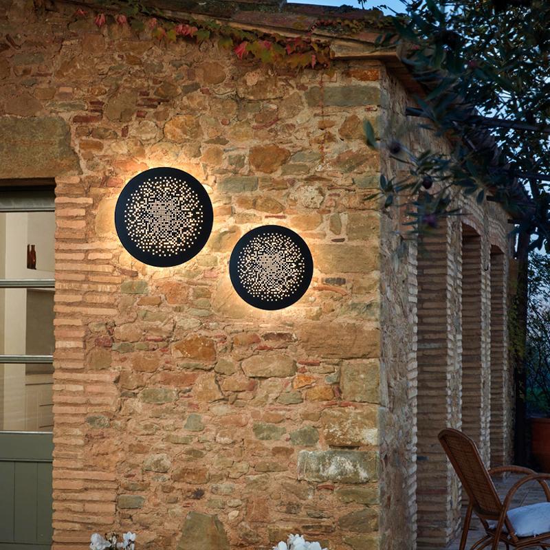 Perforated Metal Disc Outdoor Wall Sconce Black Stainless Steel Acrylic IP54 3200K 2 Sizes Courtyard Entrance Villa
