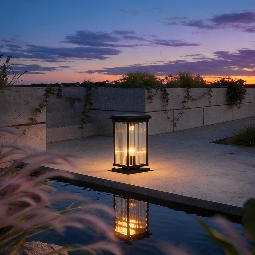 Modern Aluminum Fine Texture Glass Solar or Hardwired Outdoor Pillar Light Black With or Without Grid 2 Styles Garden