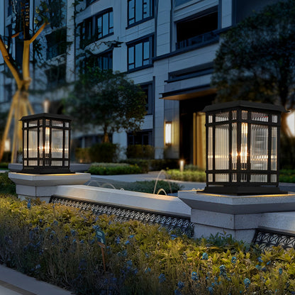 Modern Aluminum Fine Texture Glass Solar or Hardwired Outdoor Pillar Light Black With or Without Grid 2 Styles Garden