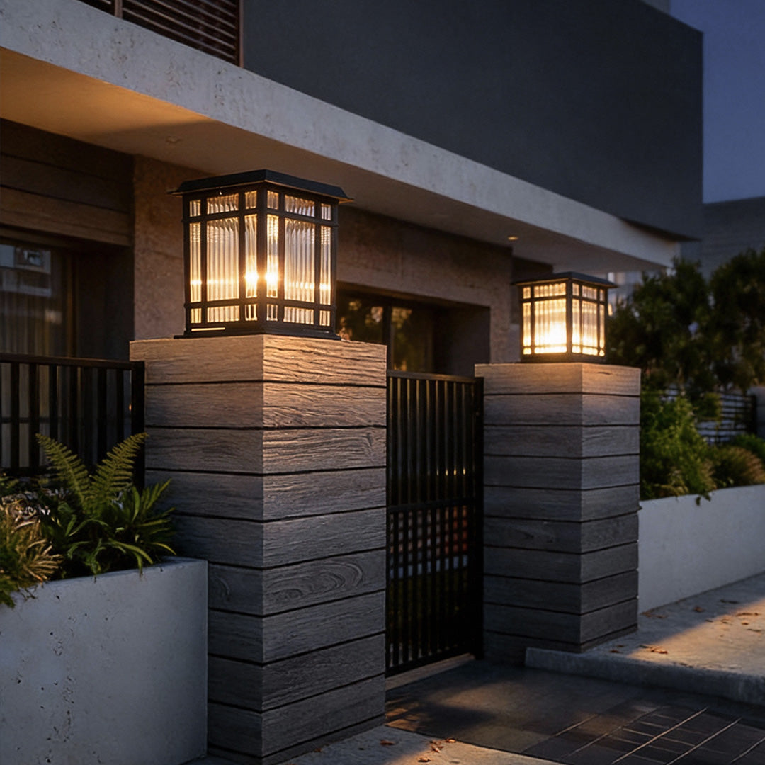 Modern Aluminum Fine Texture Glass Solar or Hardwired Outdoor Pillar Light Black With or Without Grid 2 Styles Garden