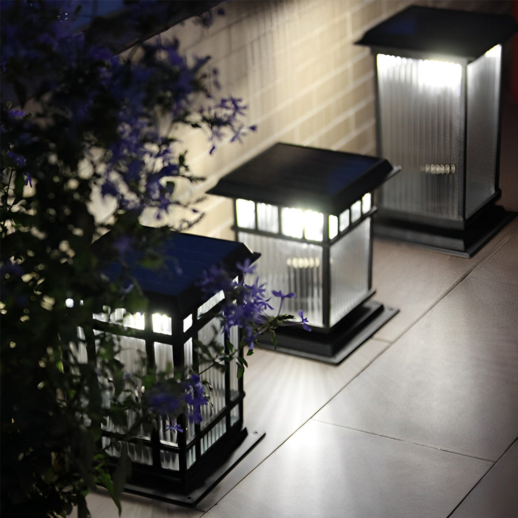 Modern Aluminum Fine Texture Glass Solar or Hardwired Outdoor Pillar Light Black With or Without Grid 2 Styles Garden