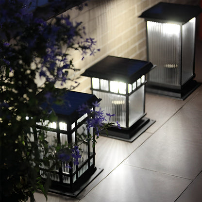 Modern Aluminum Fine Texture Glass Solar or Hardwired Outdoor Pillar Light Black With or Without Grid 2 Styles Garden