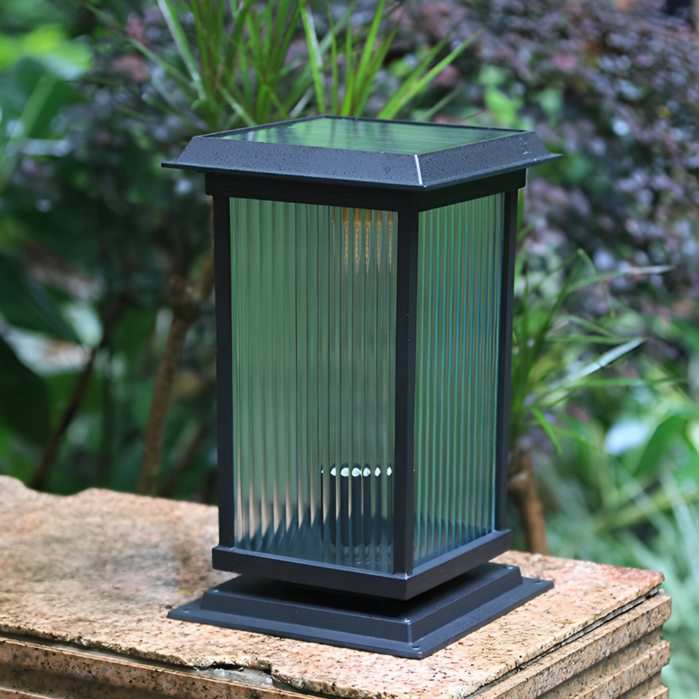 Modern Aluminum Fine Texture Glass Solar or Hardwired Outdoor Pillar Light Black With or Without Grid 2 Styles Garden