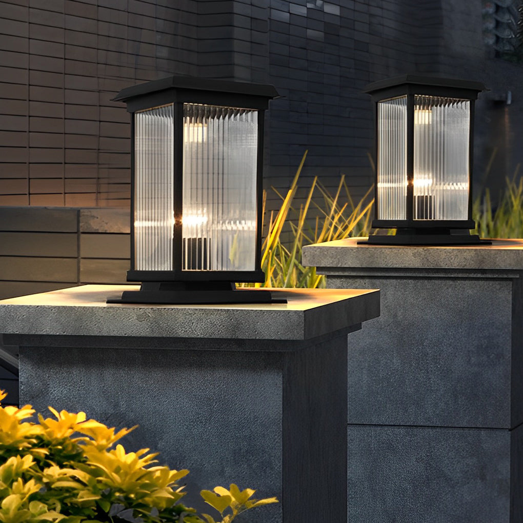Modern Aluminum Fine Texture Glass Solar or Hardwired Outdoor Pillar Light Black With or Without Grid 2 Styles Garden