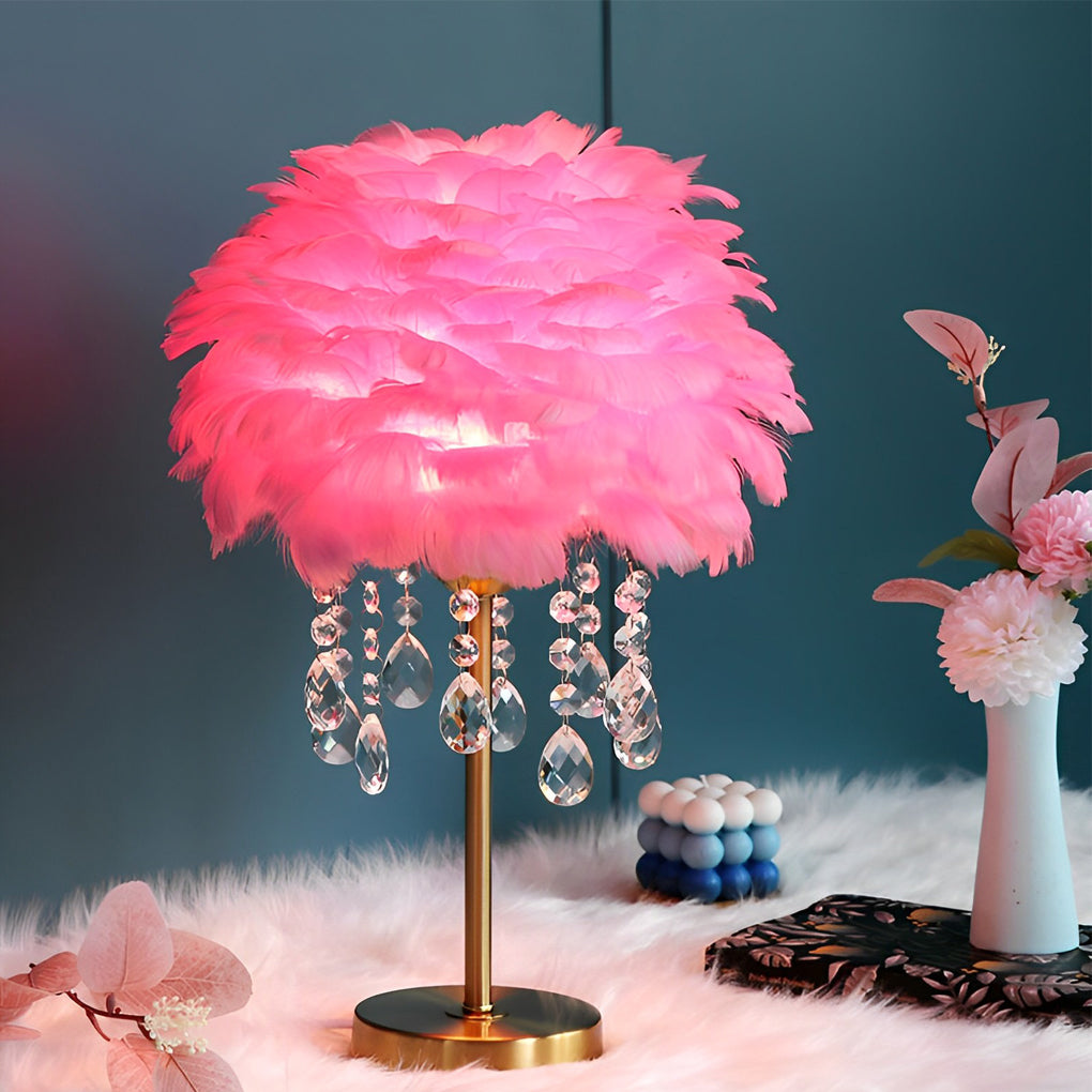 Feather Crystal Tassel Table Lamp Brushed Brass E27 White Pink Gray Two Sizes
