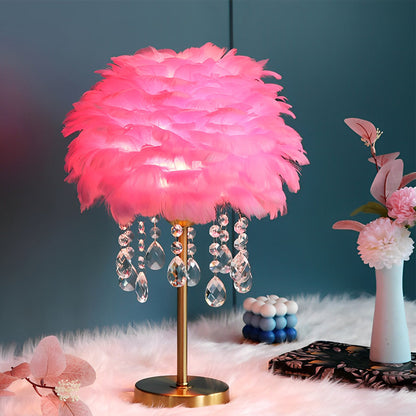 Feather Crystal Tassel Table Lamp Brushed Brass E27 White Pink Gray Two Sizes