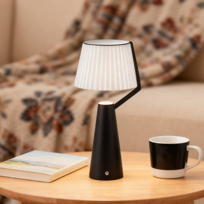 Nordic Pleated PS Shade Table Lamp Iron Base USB Rechargeable Touch Dimmable Black White 14.96 Inch