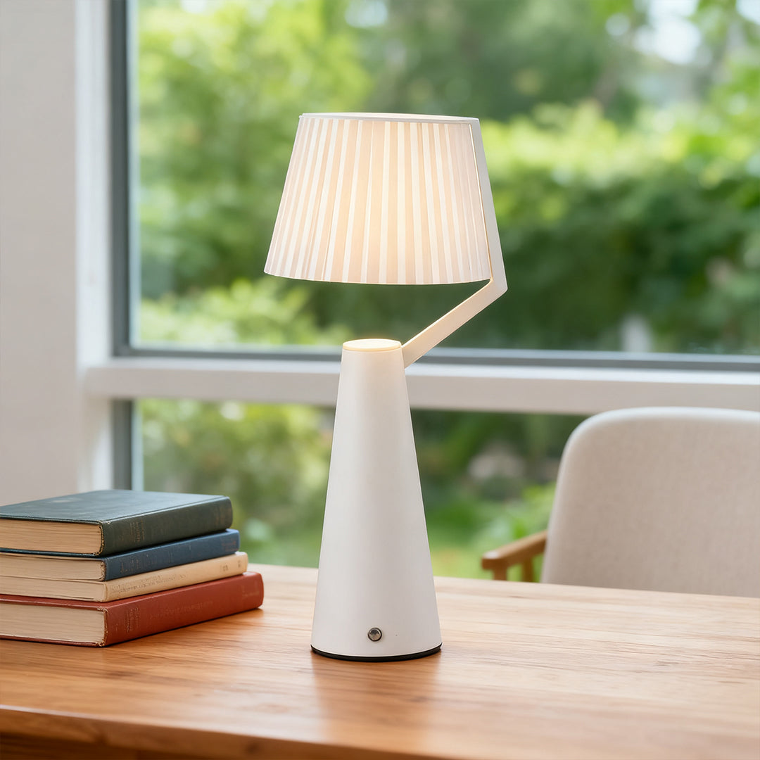 Nordic Pleated PS Shade Table Lamp Iron Base USB Rechargeable Touch Dimmable Black White 14.96 Inch