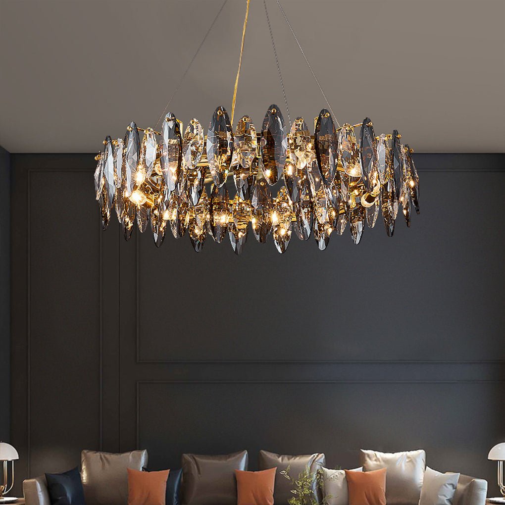 Gold Crystal Chandelier G9 Postmodern Round Linear 3-Colour 5 Configurations