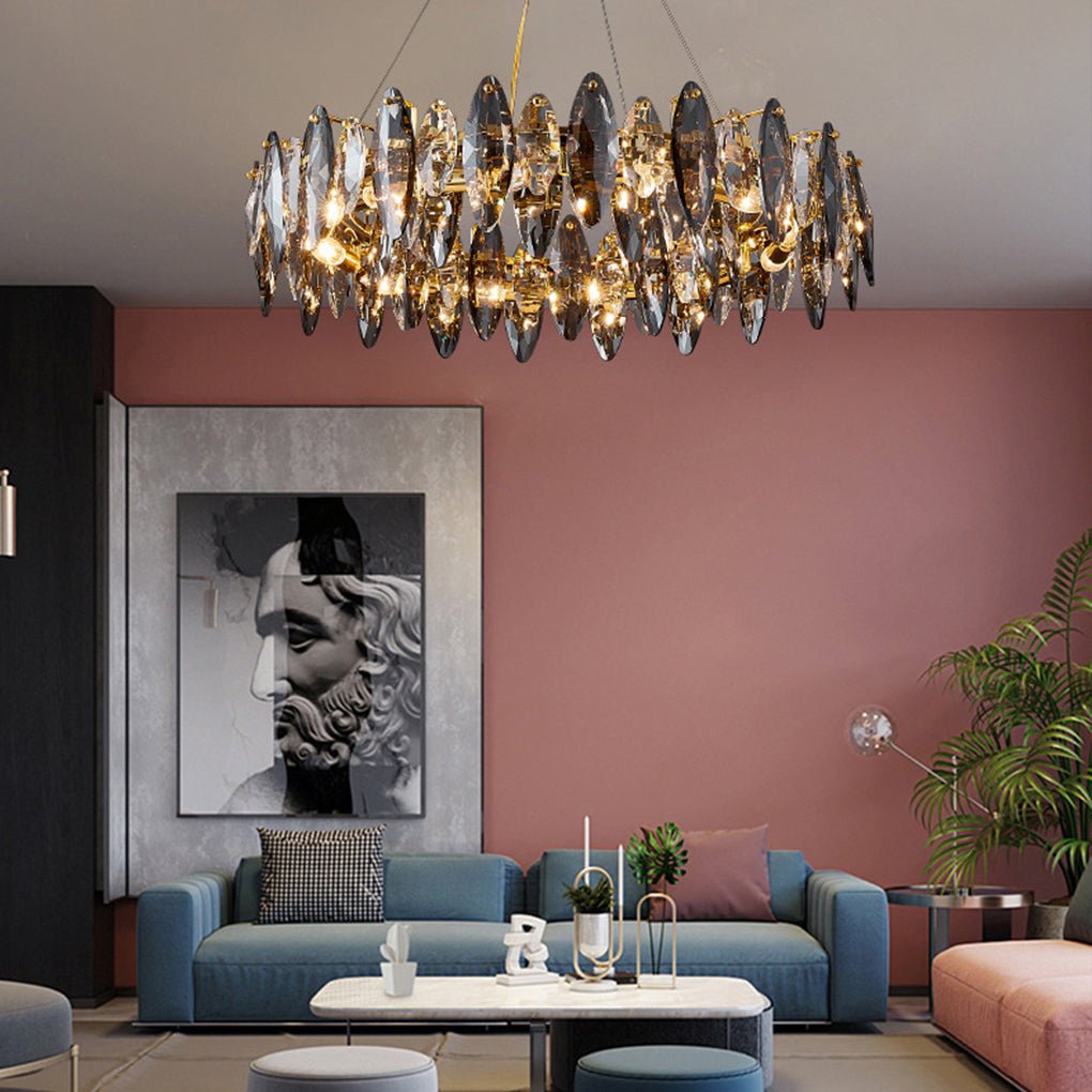 Gold Crystal Chandelier G9 Postmodern Round Linear 3-Colour 5 Configurations