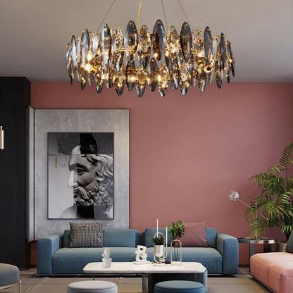Gold Crystal Chandelier G9 Postmodern Round Linear 3-Colour 5 Configurations
