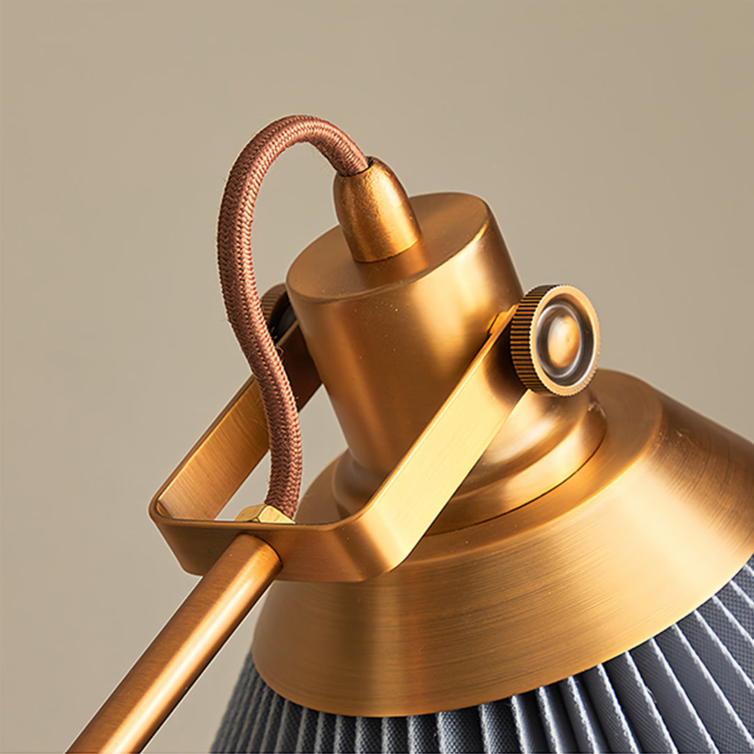 Floor Reading Lamp LED Swing Arm Pleated Fabric Shade Ash Wood Base Brass Pole Retro Luxury Dimmable Remote 2 Colors 49 Inch