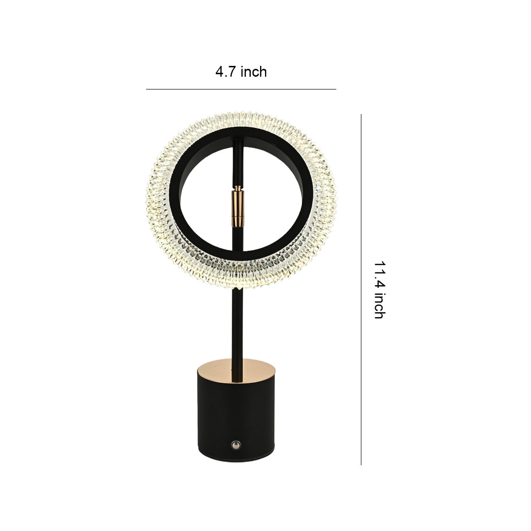 Circular Ring LED Table Lamp Iron Base Gold Accent Crystal Acrylic Shade USB Rechargeable Touch Dimmable Black White 11.42 Inch