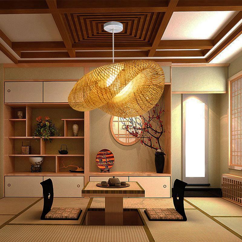 Hand-Woven Bamboo Wave LED Pendant Light 3000K 2800LM Modern Farmhouse 5 Sizes Indoor