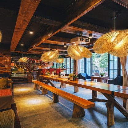 Hand-Woven Bamboo Wave LED Pendant Light 3000K 2800LM Modern Farmhouse 5 Sizes Indoor