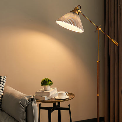 Floor Reading Lamp LED Swing Arm Pleated Fabric Shade Ash Wood Base Brass Pole Retro Luxury Dimmable Remote 2 Colors 49 Inch