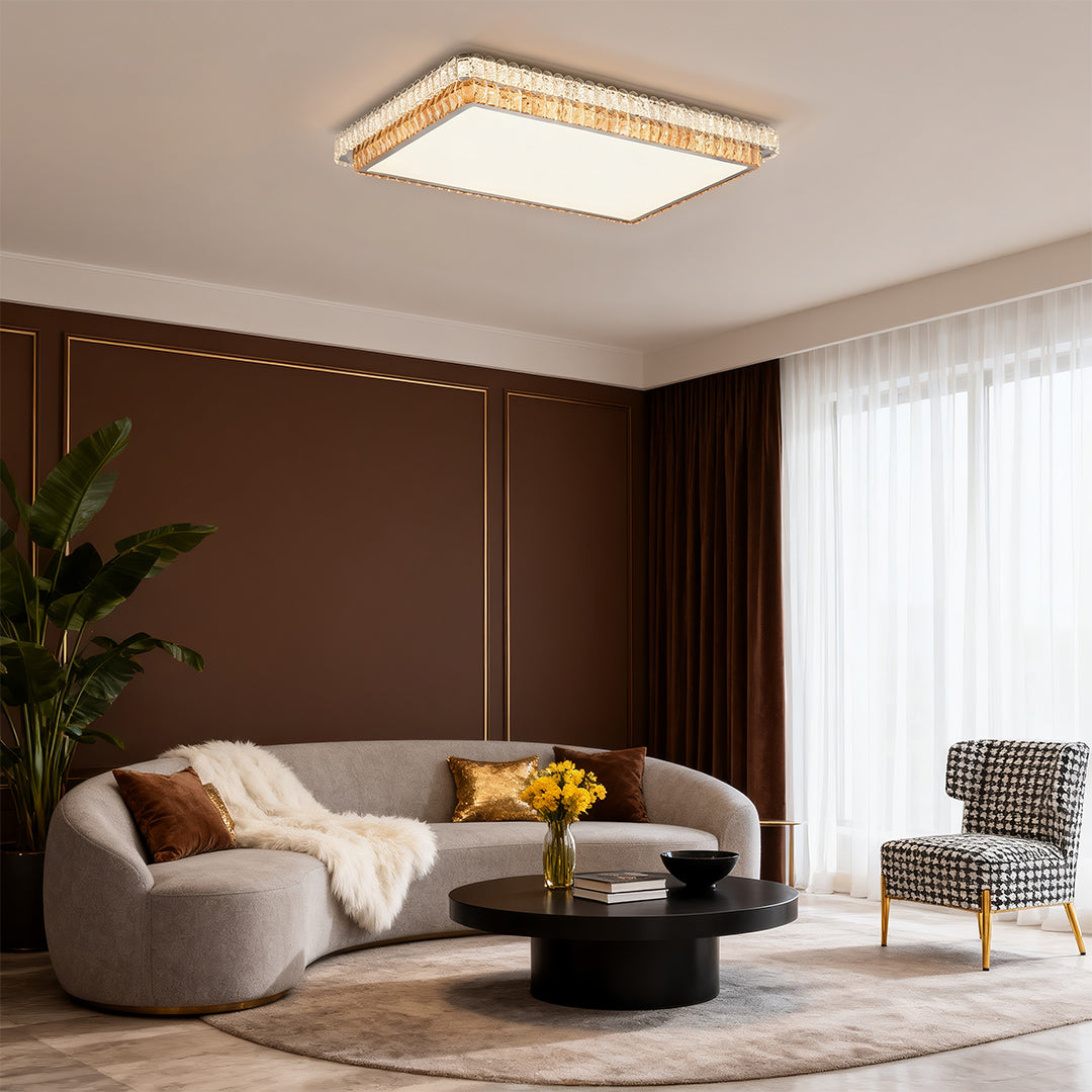Round, Square, and Rectangle Crystal Trim Flush Mount in Chrome Stainless Steel with 3-Step Colour Temperature in Six Sizes