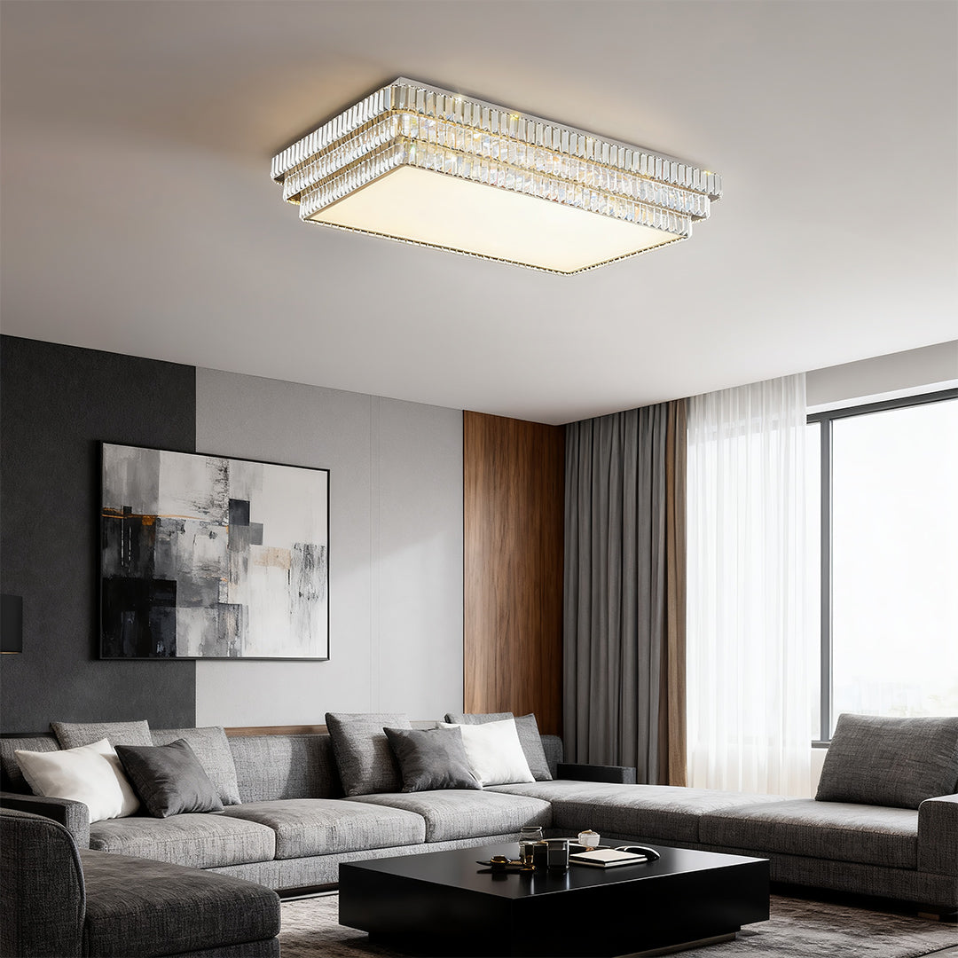 Round and Rectangle Crystal Border Flush Mount in Chrome Stainless Steel with 3-Step Colour Temperature in Five Sizes