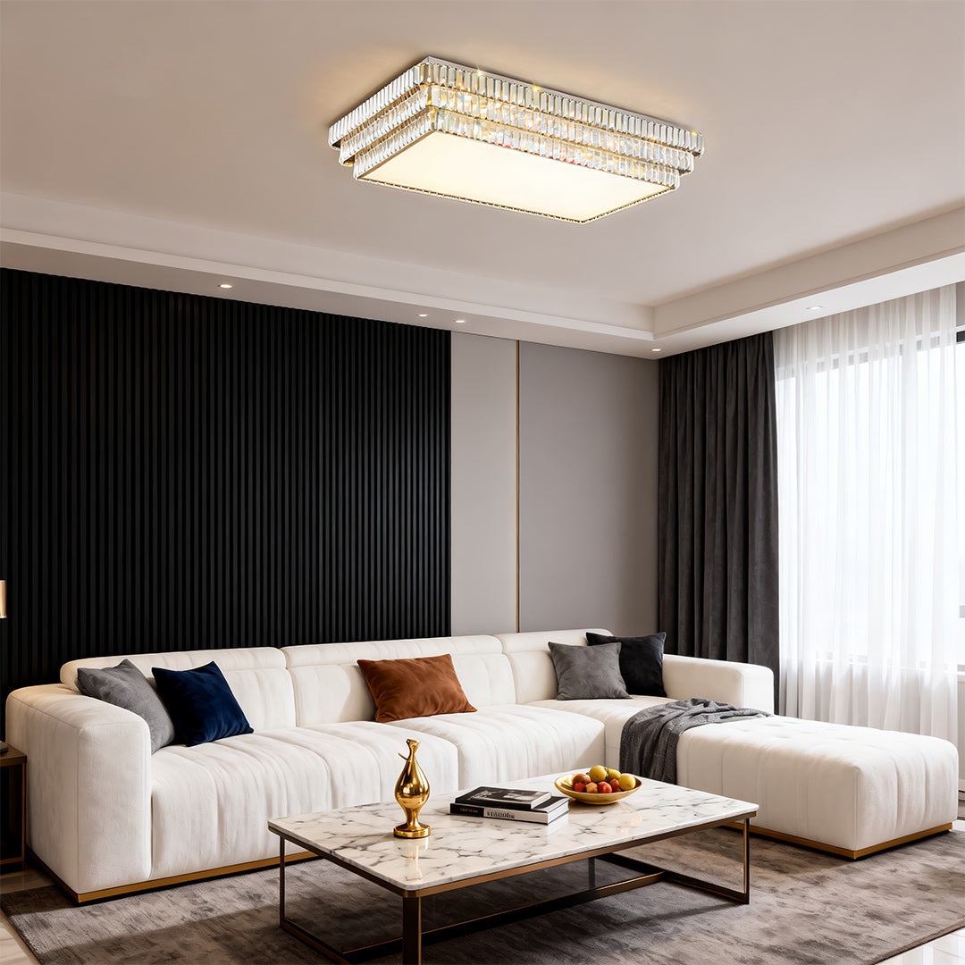 Round and Rectangle Crystal Border Flush Mount in Chrome Stainless Steel with 3-Step Colour Temperature in Five Sizes
