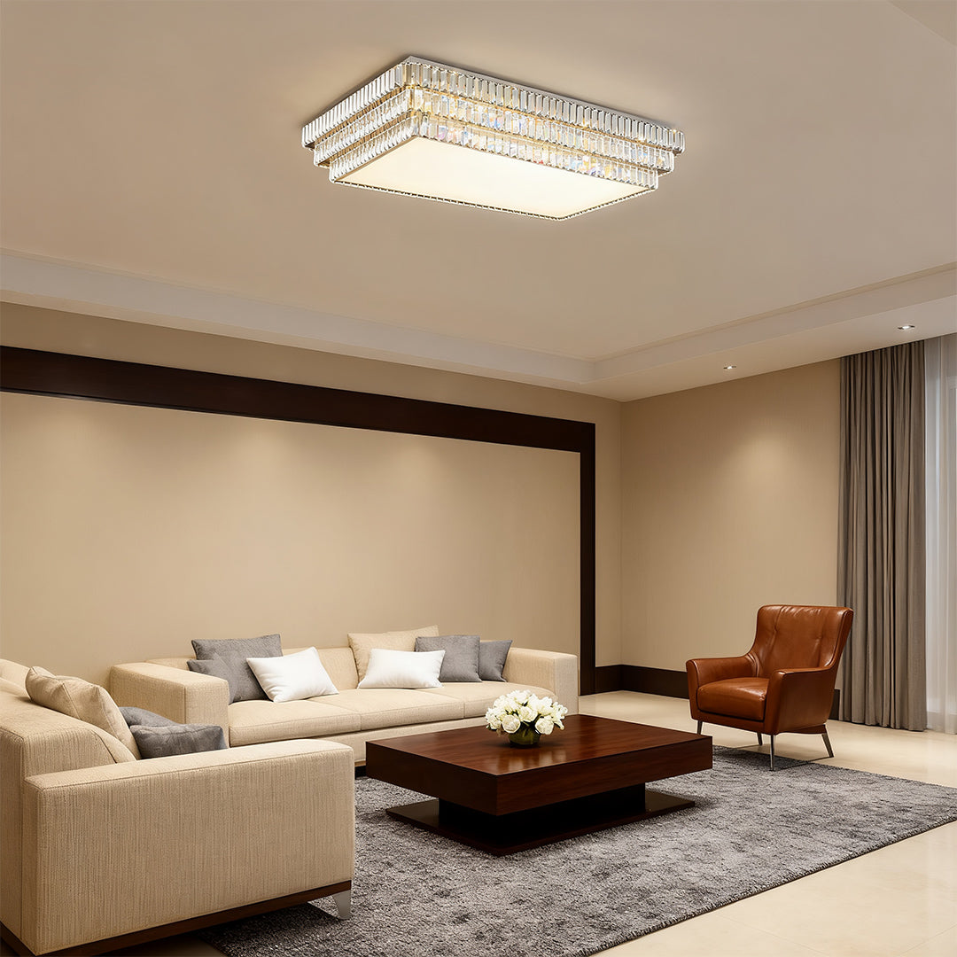 Round and Rectangle Crystal Border Flush Mount in Chrome Stainless Steel with 3-Step Colour Temperature in Five Sizes