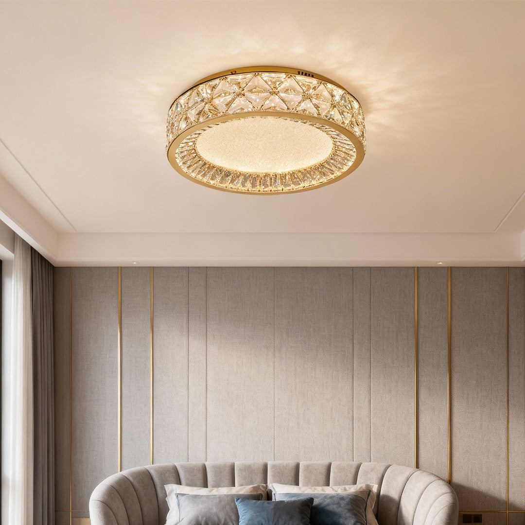 Round Crystal Border Flush Mount in Champagne Gold Carbon Steel with 3-Step Colour Temperature in Three Sizes