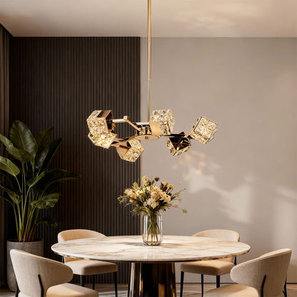 Crystal Chandelier Carbon Steel Champagne Gold Modern Cube Geometric LED Tri-Color Radial Arm Multi-Head