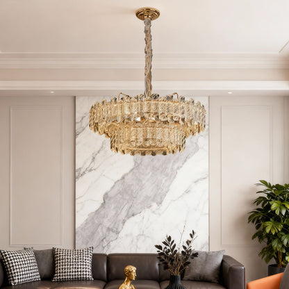 Nordic Chandelier Carbon Steel Champagne Gold Dual-Color LED Crystal Drum Single Double Layer Long Hanging Luxury