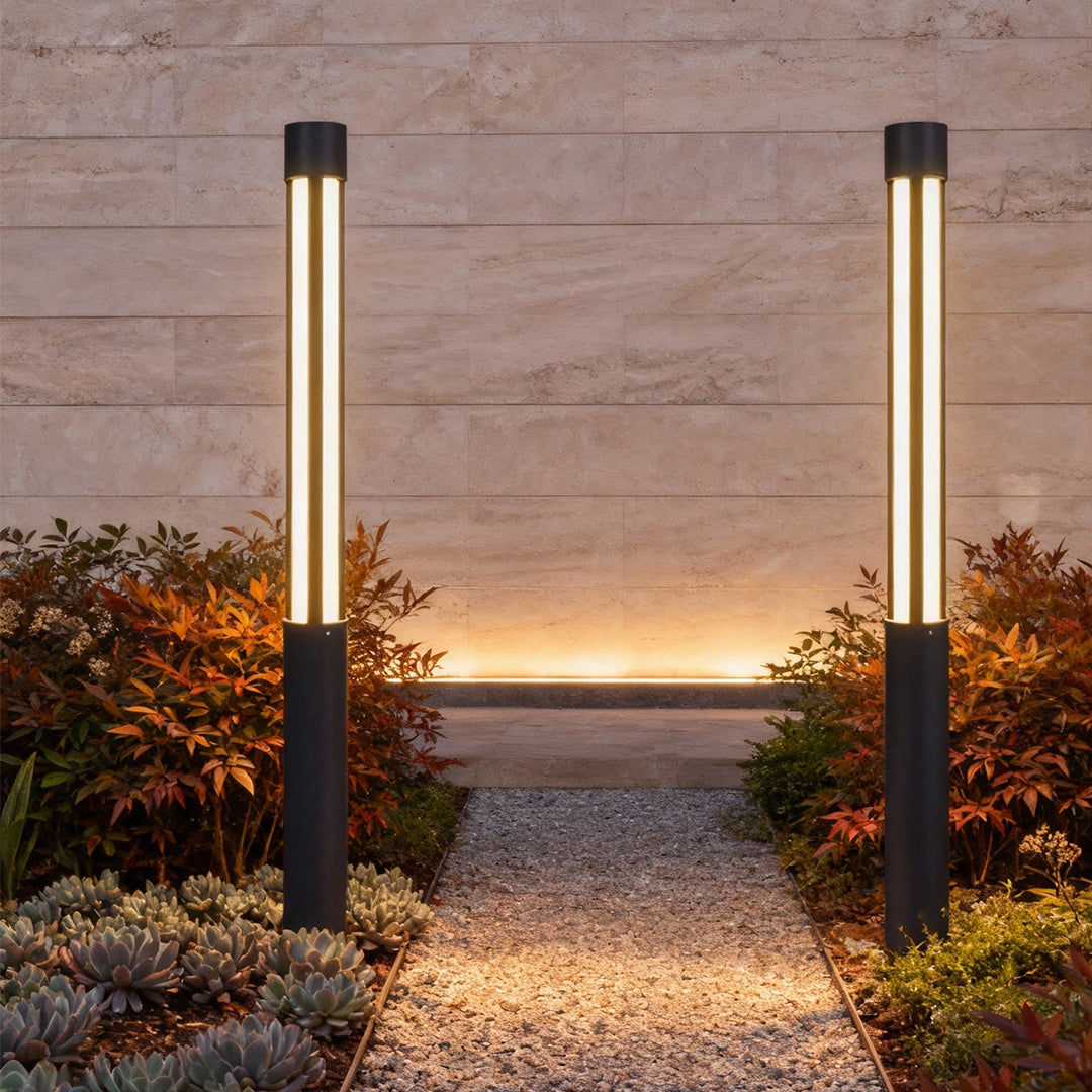 Modern Outdoor LED Bollard Light Cylindrical Die-Cast Aluminum Black IP65 6 Heights