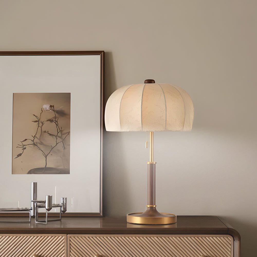 Retro Brass Walnut Dome Fabric Table Lamp Pull Chain E14 Bronze Nickel