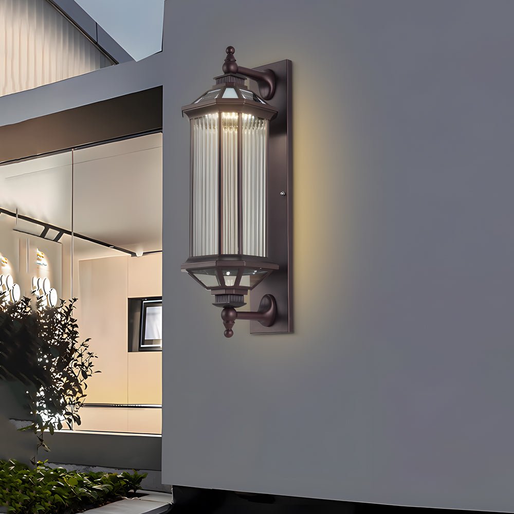 Retro Solar Outdoor Wall Lantern Die-Cast Aluminum Ribbed Glass E27 3CCT Coffee Remote Control IP54