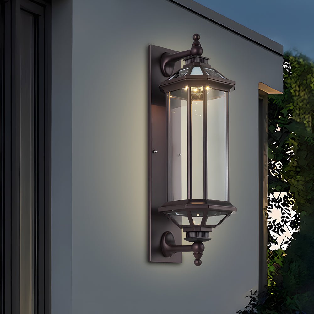 Retro Solar Outdoor Wall Lantern Die-Cast Aluminum Ribbed Glass E27 3CCT Coffee Remote Control IP54