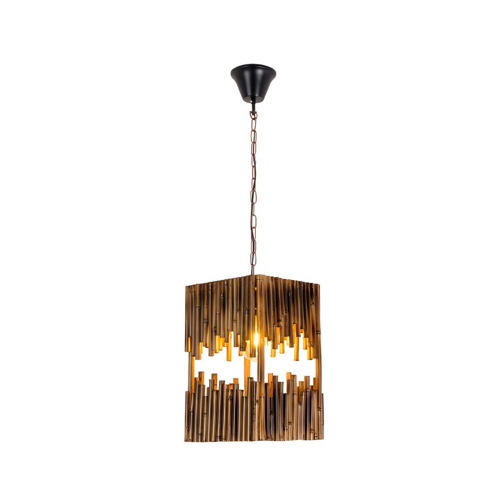 Retro Bamboo Tube Cuboid Pendant Light with Distressed Dark Wood Finish