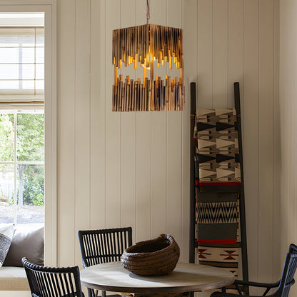 Retro Bamboo Tube Cuboid Pendant Light with Distressed Dark Wood Finish
