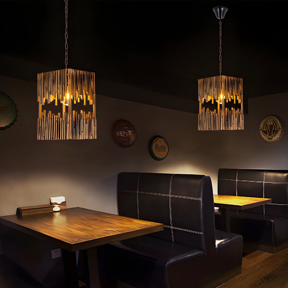 Retro Bamboo Tube Cuboid Pendant Light with Distressed Dark Wood Finish