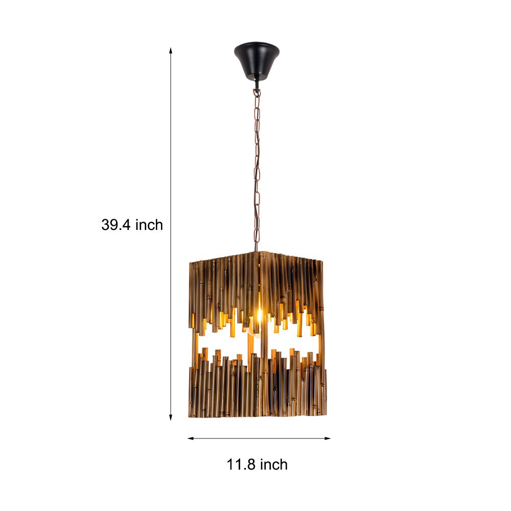 Retro Bamboo Tube Cuboid Pendant Light with Distressed Dark Wood Finish