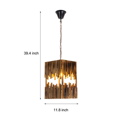 Retro Bamboo Tube Cuboid Pendant Light with Distressed Dark Wood Finish
