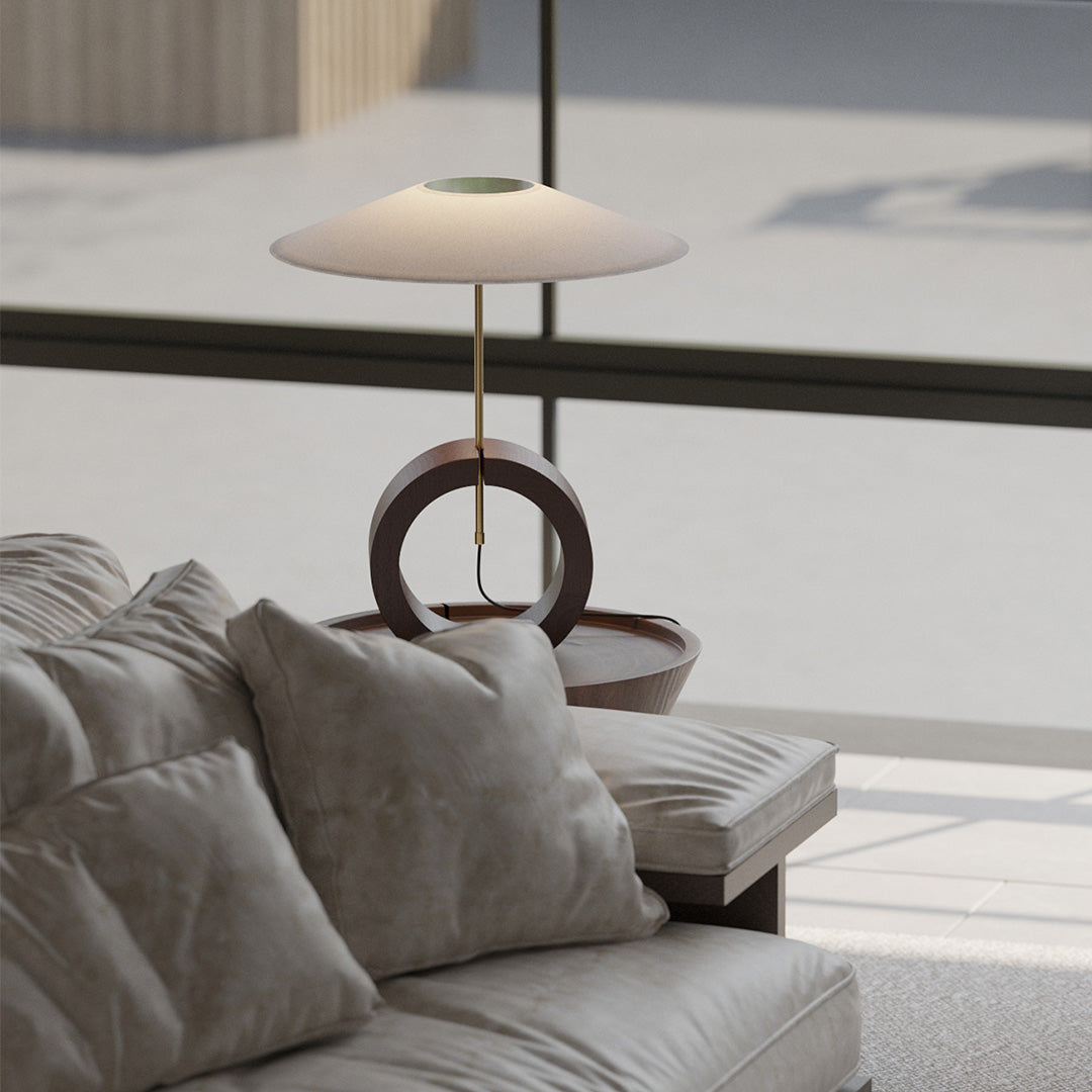 Black Walnut Wood Table Lamp Circular Ring Base Wide Beige Fabric Shade Nordic Japandi LED 12W 20.47 Inch
