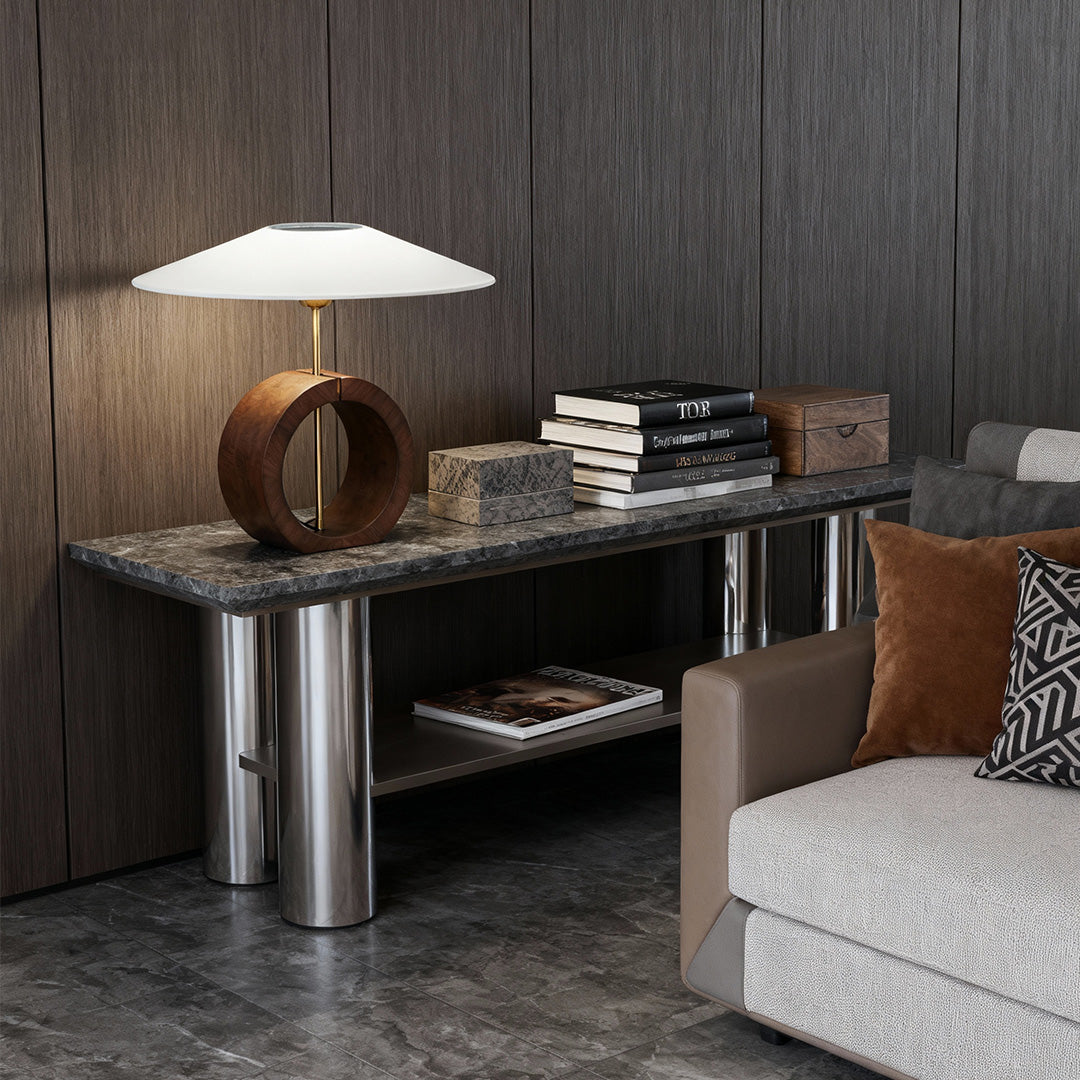 Black Walnut Wood Table Lamp Circular Ring Base Wide Beige Fabric Shade Nordic Japandi LED 12W 20.47 Inch
