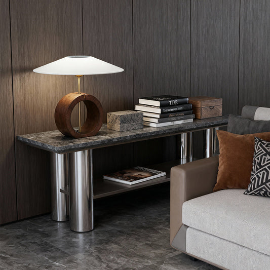 Black Walnut Wood Table Lamp Circular Ring Base Wide Beige Fabric Shade Nordic Japandi LED 12W 20.47 Inch