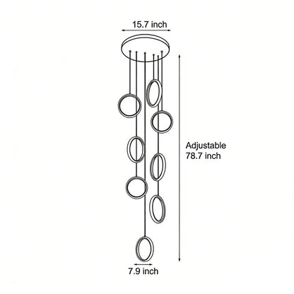 Ring Crown Linear Acrylic LED Staircase Chandelier Anodized Gold Aluminium 3000K 6/8 Light Indoor